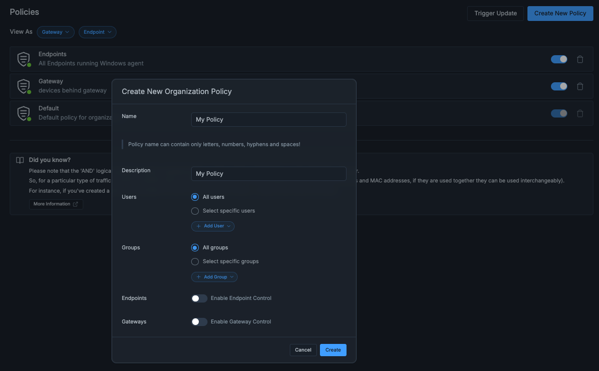 Organization policy creation menu.